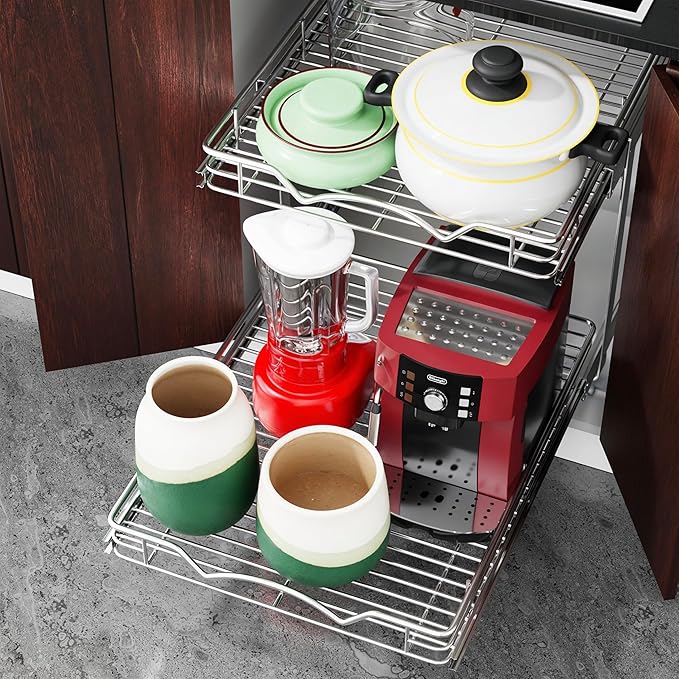 HOLDN’ STORAGE Two Tier Pull Out Cabinet Organizer, Individual Sliding Drawers - Heavy Duty Metal with Lifetime Limited Warranty - Anti Rust Chrome Finish - 24" W x 21”D x 16.5" H