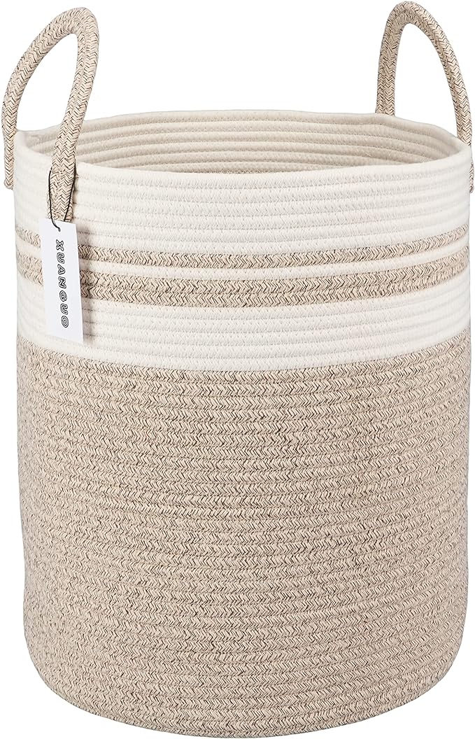Cotton Rope Laundry Basket Hamper for Clothes Woven Storage Basket for Living Room Bedroom Boho Tall Rope Baskets for Blanket Toys Pillow Towels Baby Nursery Hamper Bin Large brown and white