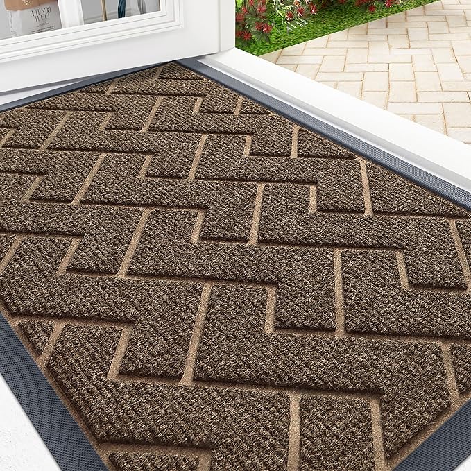 OLANLY Front Door Mat Indoor Outdoor Entrance, Waterproof All-Season, All-Weather Doormat, Sturdy Natural Rubber, Low Profile, Easy Clean Patio Porch Entryway Mat, Herringbone Brick (Brown, 36x24)