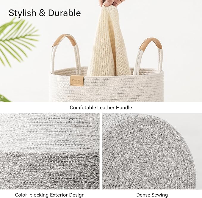 95L Striped Laundry Hamper with Leather Handles ,Large Foldable Laundry Basket for Clothes,Cotton Rope Storage Bin for Blankets,Woven Clothes Basket for Bedroom,Gray Stripes
