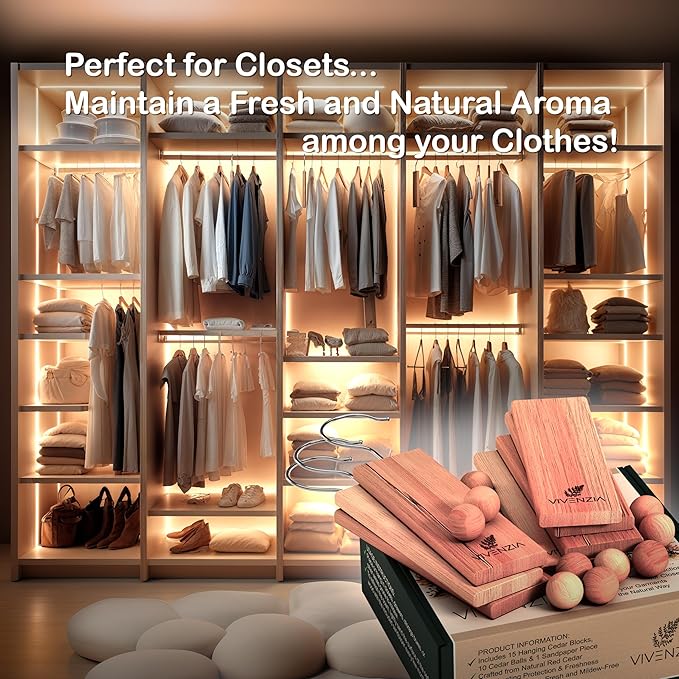 Cedar Blocks for Clothes Storage -25 pcs (15 Hang-ups & 10 Balls)- Hanging Cedar Planks, Natural Closet Smell Eliminator, Natural Closet Deodorizer, Drawer Fresheners for Dresser.