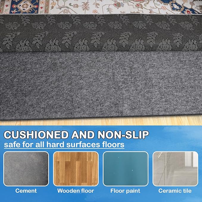 Non-Slip Rug Pads 1/4” Thick, 5x7Ft Waterproof Rugs Non Skid Rug Pad for All Floors and Finishes Durable Hardwood Floor Protective Felt Keeps Rugs in Place, Safe and Secure