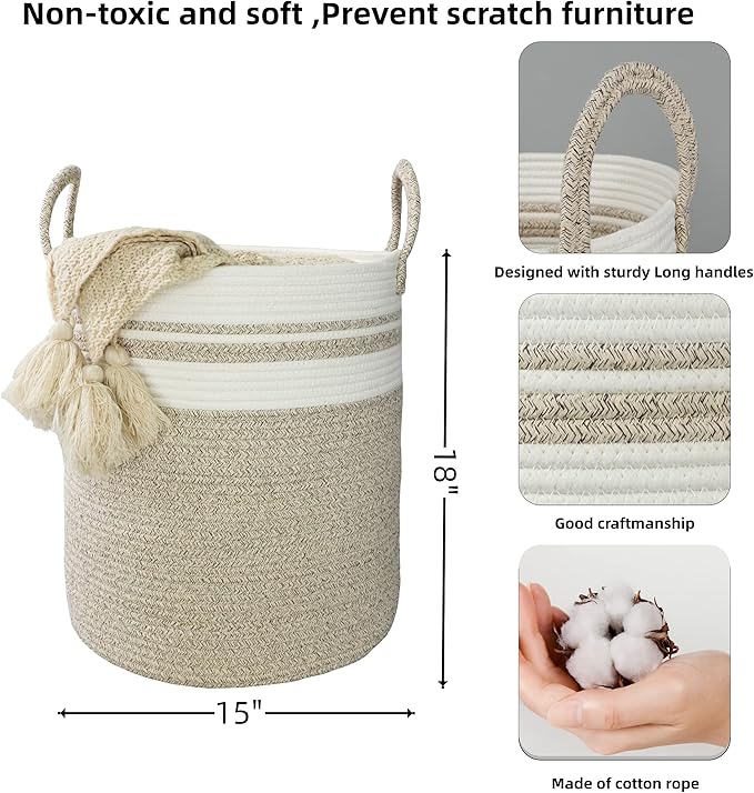 Cotton Rope Laundry Basket Hamper for Clothes Woven Storage Basket for Living Room Bedroom Boho Tall Rope Baskets for Blanket Toys Pillow Towels Baby Nursery Hamper Bin Large brown and white