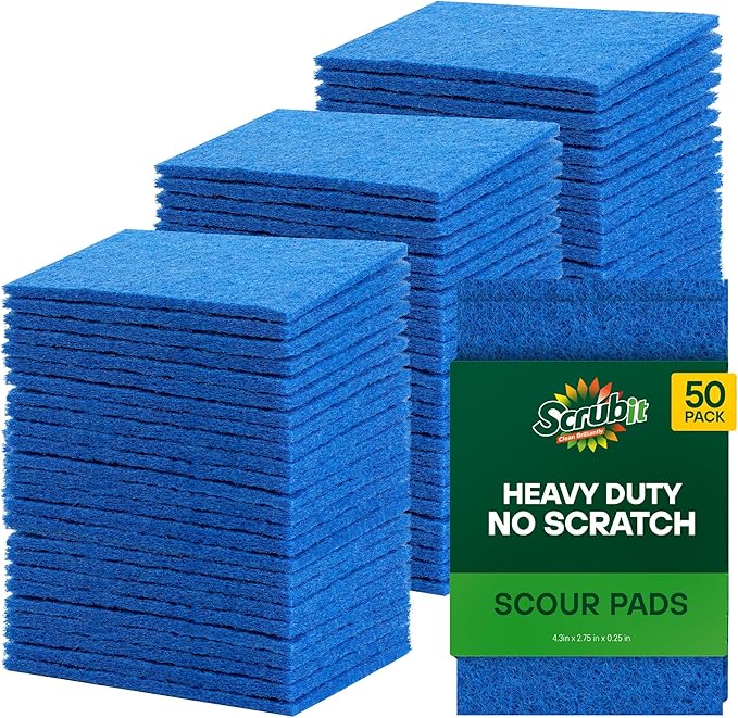 SCRUBIT 50 Pack Scouring Pad - Heavy Duty Scrub Pads for Cleaning Dishes - Non-Scratch Reusable Scrubbing - Blue