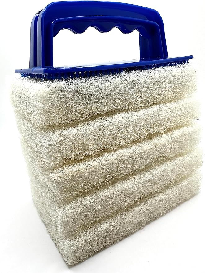 Handled Bath Scrubber 6 Piece Heavy Duty Cleaning Scrub Sponge Brush Bathroom Scouring Pads White Non-Scratch Remove Soap Scum Cleaning Shower Tile Bathtub Sink Pools Hot Tubs Waterline Steps Corners
