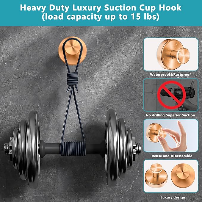 Suction Cup Hooks for Shower,Wreath Hanger for Front Door,Removable No Drill Towel Loofah Hooks,Upgraded 15 lbs Strong Suction for Bathroom,Wall,Glass,Stainless Waterproof-Rose Gold 4 Pcs