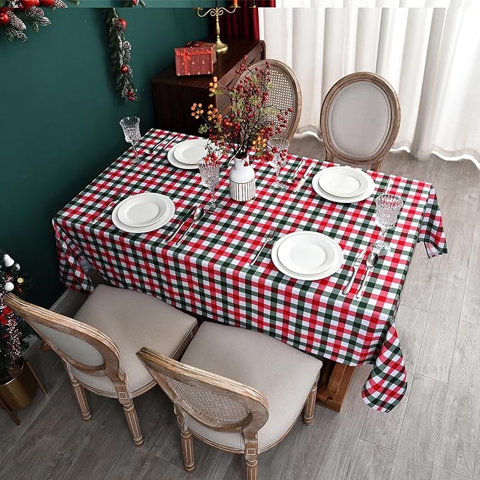 Gingham Xmas Tablecloth Fabric - Oblong 58x120 Water Resistant Christmas Plaid Table Cloth for Indoor/Outdoor Use - Red Tabletop Cover Perfect for Birthday, Picnics, Gardens
