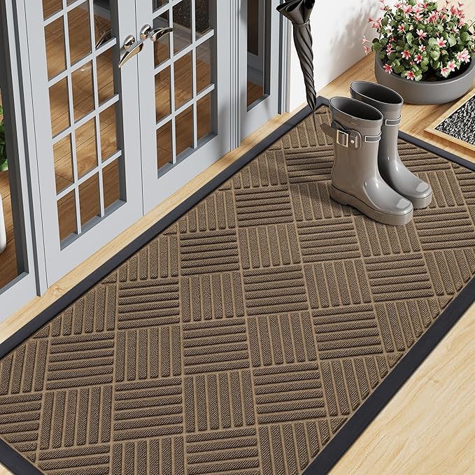 Smiry Front Door Mat Outside Entrance, Heavy Duty Outdoor Indoor Natural Rubber Doormat, Non Slip, Trap Dirt and Moisture, Easy Clean, Low Profile Patio Porch Entryway Mat, 59x23, Brown