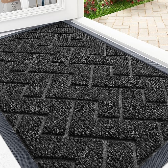 OLANLY Front Door Mat Indoor Outdoor Entrance, Waterproof All-Season, All-Weather Doormat, Sturdy Natural Rubber, Low Profile, Easy Clean Patio Porch Entryway Mat, Herringbone Brick (Black, 59x35)