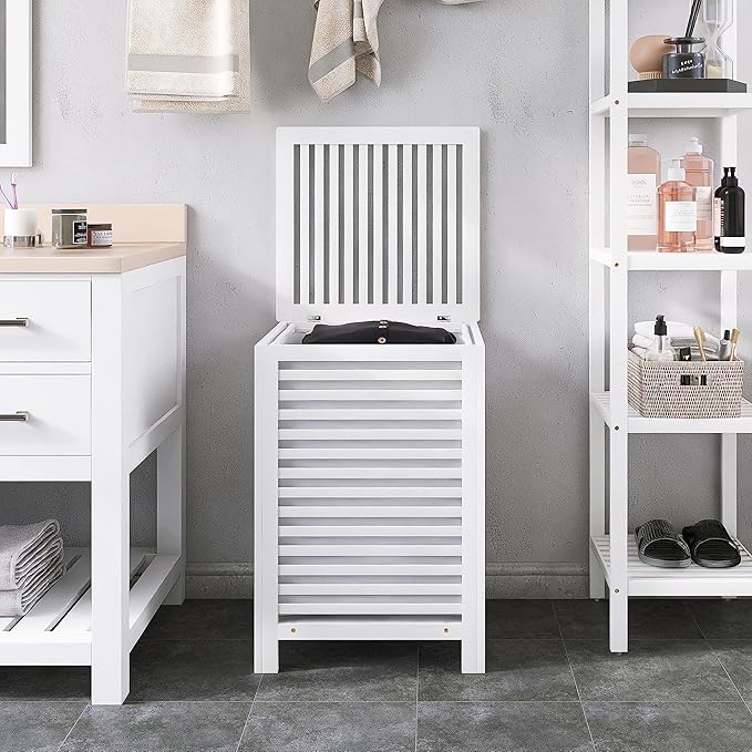 SMIBUY Double Laundry Hamper with Lid, 120L Bamboo Laundry Basket with Removable Liner Bag, 2-Section Clothes Divider Laundry Sorter for Laundry Room, Bathroom, Bedroom (White)