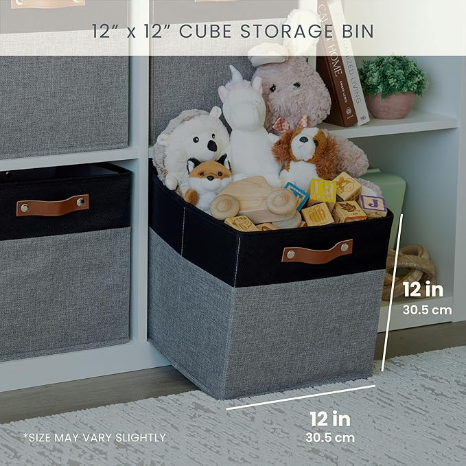 OrganiHaus 12x12 Fabric Storage Bins - Set of 4, Cube Fabric Organizer Bins with Vegan Handles, Kallax Storage Cubes, Cubbies Organizer Boxes, 12Inch Cubic Baskets for Shelves - Grey/Black