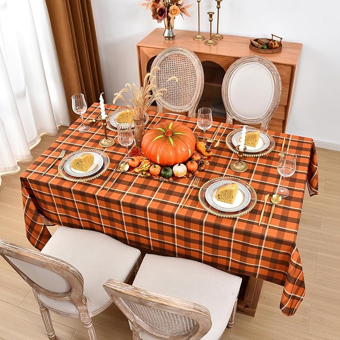 Waterproof Plaid Tablecloth Fabric - Square 58x58 Inch Classic Gingham Checker Thanksgiving Table Cloth for Indoor/Outdoor Use - Fall Tabletop Cover Perfect for Picnics, BBQs, Halloween