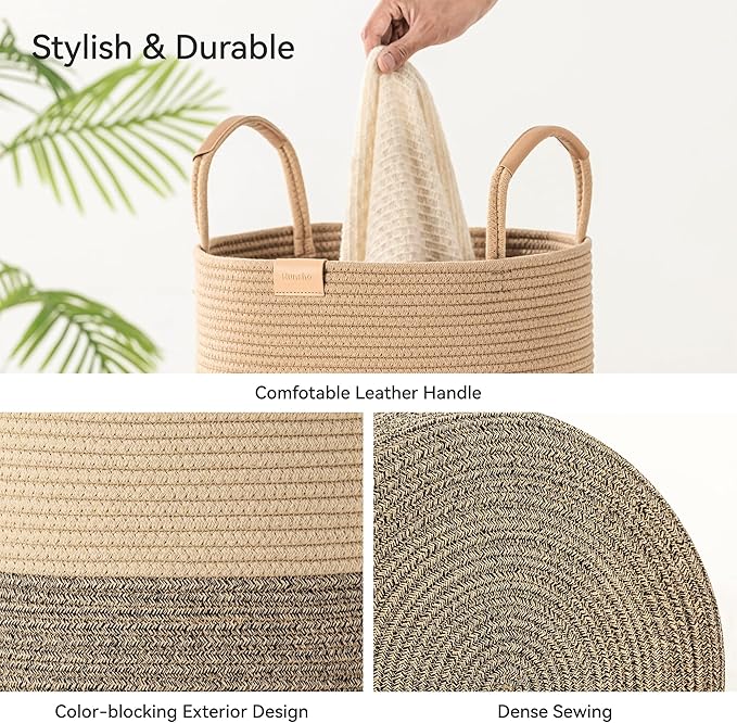 95L Striped Laundry Hamper with Leather Handles,Large Foldable Laundry Basket for Clothes,Cotton Rope Storage Bin for Blankets,Woven Clothes Basket for Bedroom,Dark Brown Stripes