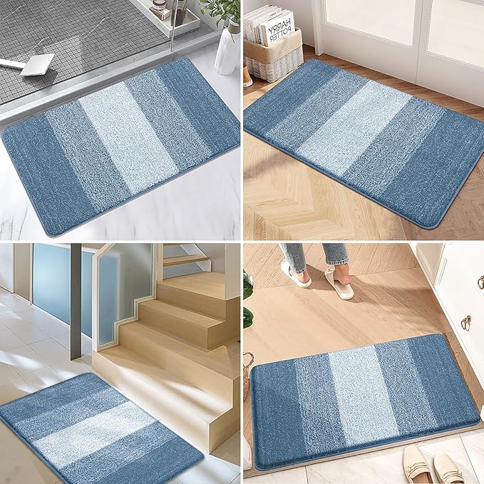 Kitinjoy Indoor Outdoor Door Mat, 40x32 Non-Slip Absorbent Dirt Trapper, Low-Profile Washable Inside Entrance Front Floor Mat, Sturdy Soft Entry Doormats for Entryway, Light Blue