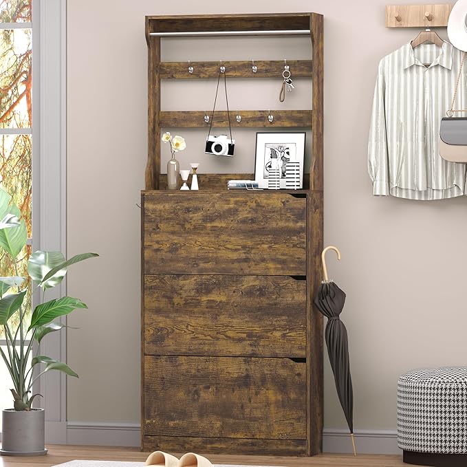 Shoe Cabinet with 3 Flip Drawers & Coat Rack, Narrow Hidden Shoe Storage Cabinet, 2-in-1 Hall Tree Slim Freestanding Shoe Rack Organizer for Entryway, Hallway, and Living Room