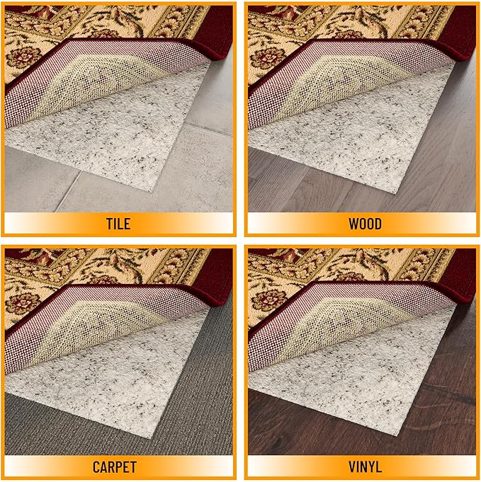 Ottomanson 7'8" x 12' Non-Slip Rug Pad Gripper 1/12 Inch Ultra Thin Dual Surface Felt + Rubber Gripper - Safe for All Floors, Cream