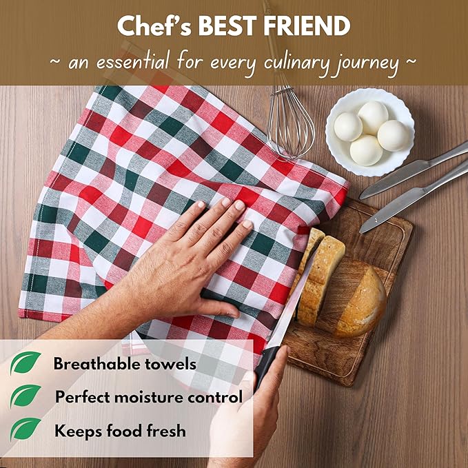 Native Fab Gingham Check Kitchen Towels 4 Pack 16x26 Inches - 100% Cotton, Soft, Absorbent Tea Towels & Kitchen Hand Towel for Drying, Cleaning & Reusable Dishcloths Set - Red, Green, White