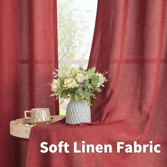YoungsTex Red Linen Curtains 45 Inch Length for Kitchen, Short Window Drapes with Rod Pocket Back Tab Light Filtering Christmas Decor for Bathroom Cafe, 2 Panels, 42 X 36 Inch