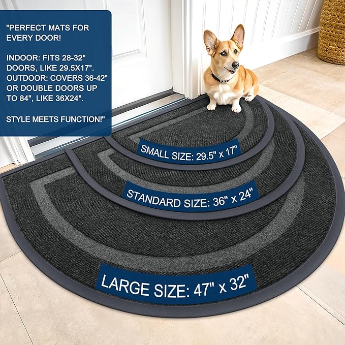 OLANLY Half Circle Door Mat Indoor Outdoor Entrance Welcome, Waterproof All-Season, All-Weather Doormat, Sturdy Natural Rubber, Low Profile, Easy Clean Patio Porch Entryway Mat, 59x35, Black