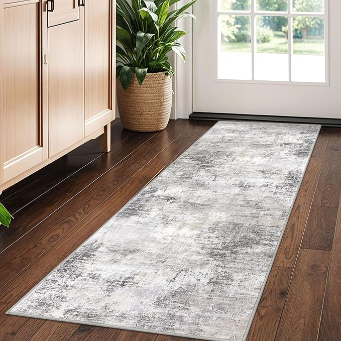 IOHOUZE Abstract Runner Rug 2x5 Ft Washable Runners for Hallways, Non Slip Kitchen Runner Printed Faux Wool Entryway Runner Indoor, Modern Abstract Floor Carpet for Hall Kitchen Bedroom, Grey Beige