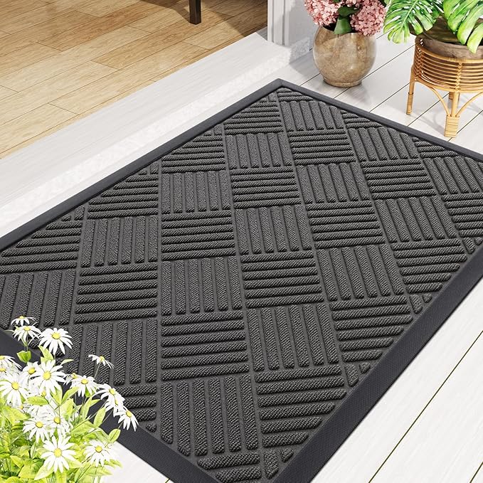 Smiry Front Door Mat Outside Entrance, Heavy Duty Outdoor Indoor Natural Rubber Doormat, Non Slip, Trap Dirt and Moisture, Easy Clean, Low Profile Patio Porch Entryway Mat, 47x32, Grey