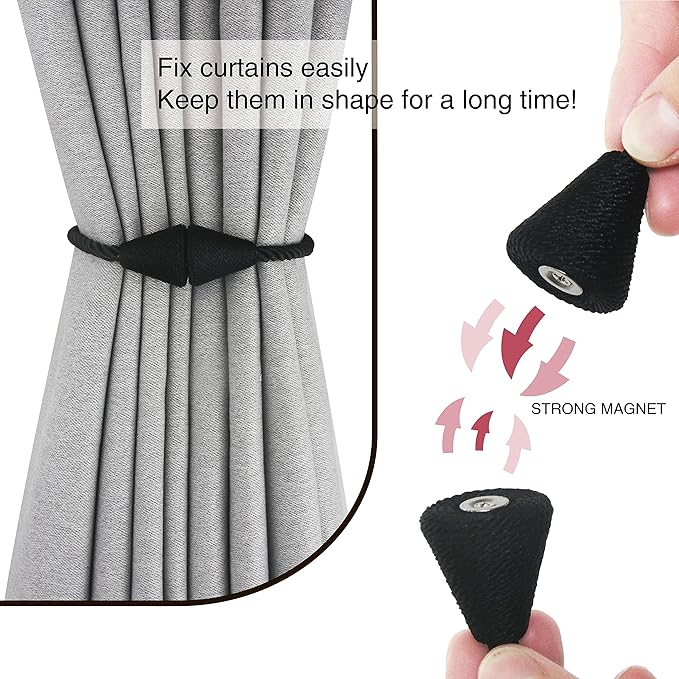 2 Pack Magnetic Curtain Tiebacks Rope Modern Handmade Curtain Tie Backs Decorative Drapes Weave Holdbacks for Window Décor, Black