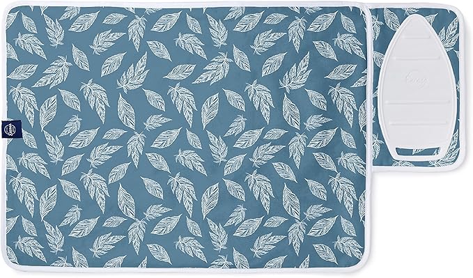 Encasa XO Ironing Mat/Pad (Small 28"x20") with 3mm Padding & Silicone Iron Rest for Steam Pressing on Tabletop or Bed - Heat Resistant, Portable, Quilting & Travel Blanket - Big Leaves Blue