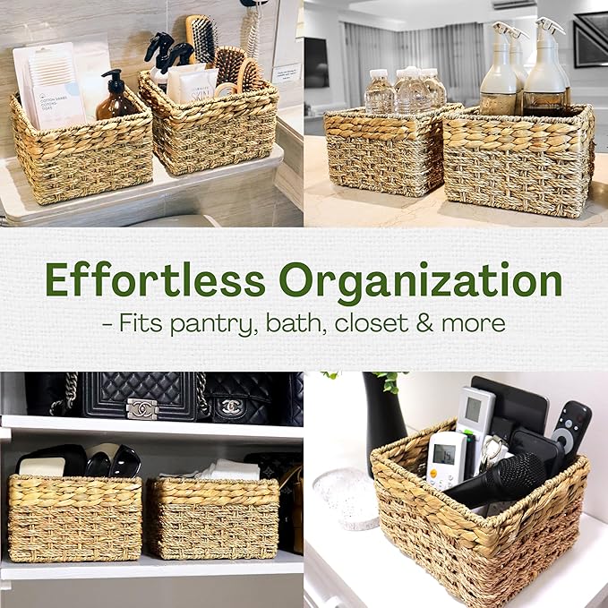 Small Wicker Baskets for Storage 2-Pack, Natural, Woven Baskets for Organizing Living Room, Pantry Baskets, Shelves - Small Size - 8x7x5.5 inches