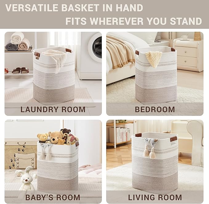 85L Tall Laundry Hamper with Handles for Living Room Storage, Extra Large Woven Rope Baskets Bin for Blanket, Kids Toy, Gifts, Wicker Hamper for Bedroom Dirty Clothes, 17"x14"x22" White Brown