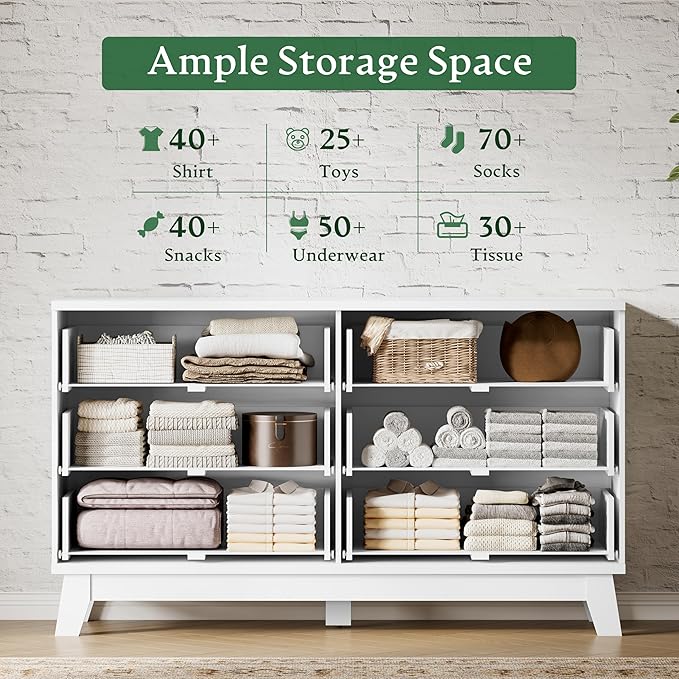 Fluted Dresser with 6 Drawers, 54" Wide Modern Chest of Drawers with Metal Handle, Wooden Dresser TV Stand, Wood Closet Clothes Storage Organizer for Bedroom, Living Room, Hallway, Solid White