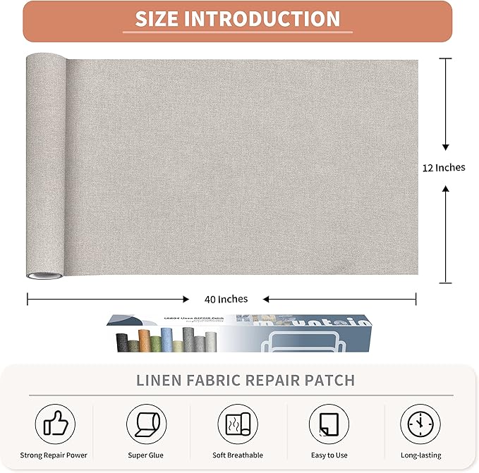Fine Linen Repair Patches, Self-Adhesive Linen Fabric Patches, 12X40 inch Extra Size, Multi Color, Can be Used for Linen Sofa Repair and Linen Clothes Repair(12" x 40",Rice Coffee)