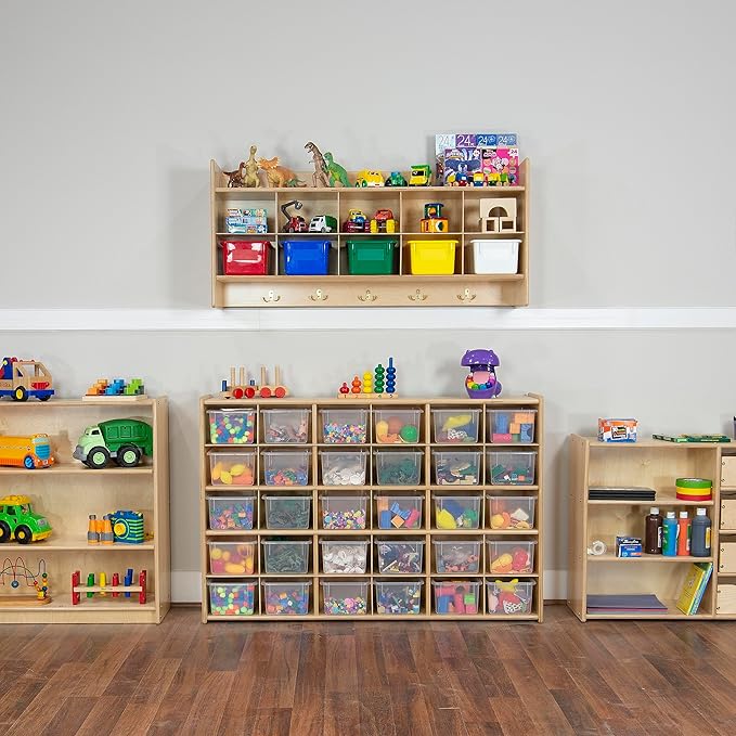Wood Designs Cubby Storage Bin, Heavy Duty Plastic Containers for Kids Translucent Clear Cubby Tray Set of 30