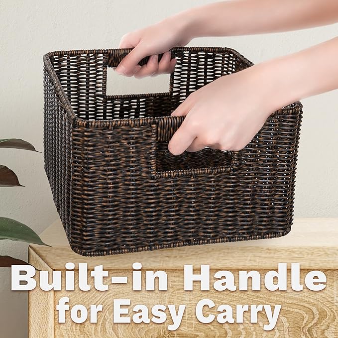 myHomeBody Wicker Storage Basket, Storage Cubes, Woven Baskets for Organizing, Resin Wicker Set of 3, Rustic Brown