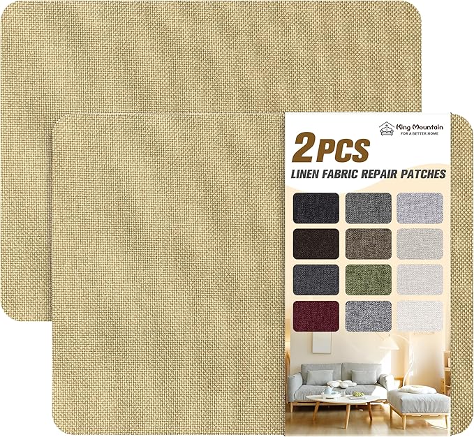KING MOUNTAIN Coarse Linen Repair Patches, Self-Adhesive Linen Fabric Patches, 8X11 inch 2 PCS, Multi Color, Can be Used for Linen Sofa Repair and Linen Clothes Repair(8" x 11"-2PCS,Khaki)