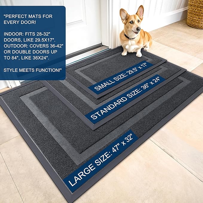 OLANLY Front Door Mat Indoor Outdoor Entrance, Waterproof All-Season, All-Weather Doormat, Sturdy Natural Rubber, Fade Resistant, Low Profile, Easy Clean Patio Porch Entryway Mat, 59x20, Grey