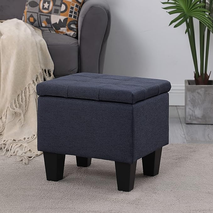 Set of 3 Hinged Storage Ottoman, 38'' Ottoman Bench with Storage and Thick Seating, End of Bed Bedroom Bench Window Bench with 2pcs Small Foot Rest (Blue - Fabric)