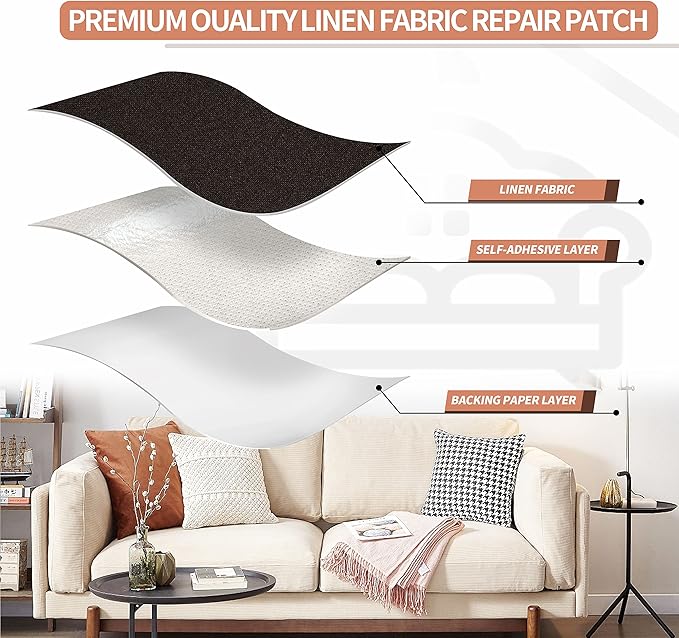 Fine Linen Repair Patches, Self-Adhesive Linen Fabric Patches, 12X40 inch Extra Size, Multi Color, Can be Used for Linen Sofa Repair and Linen Clothes Repair (12" x 40", Dark Brown)