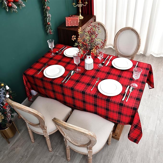 Waterproof Checkered Tablecloth Fabric - Rectangle 58x84 Inch Christmas Plaid Table Cloth for Indoor/Outdoor Use - Xmas Table Cover for Kitchen, BBQs, and Parties