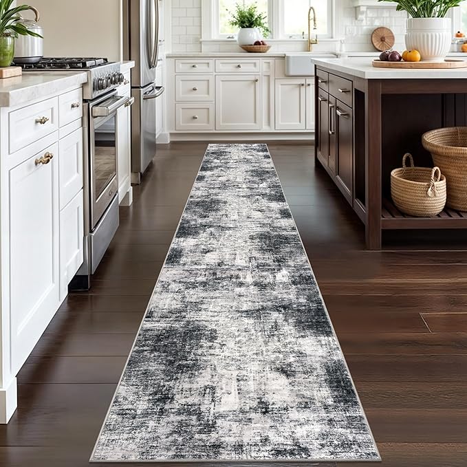 IOHOUZE Abstract Runner Rug 2x12 Ft Washable Runners for Hallways, Non Slip Kitchen Runner Printed Faux Wool Entryway Runner Indoor, Modern Abstract Floor Carpet for Hall Kitchen, Black Gey
