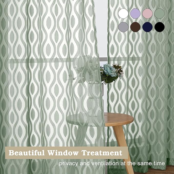 Aiyufeng Sheer Curtains 96 Inches Long for Bedroom and Living Room, 2 Panels, Farmhouse Wavy Line Light Filtering Clip Jacquard Solid, Rod Pocket, Sage Green, 40"Wx96"L