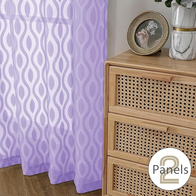 Aiyufeng Lavender Sheer Curtains Tiers 36 Inch Length, Light Filtering Soft Airy Wavy Line Jacquard Textured Short Curtain for Bedroom Bathroom Basement, Dual Rod Pocket, 2 Panels, 40" Wx36 L Inch