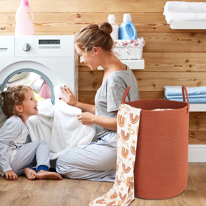 Cotton Rope Laundry Basket Hamper for Clothes Woven Storage Basket for Living Room Bedroom Boho Tall Rope Baskets for Blanket Toys Pillow Towels Baby Nursery Hamper Bin Large rustic