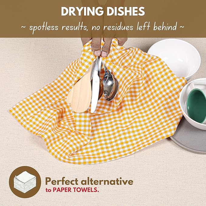 Native Fab 4 Pack Yellow Gingham Cotton Dish Towels 16"x26" - Absorbent Kitchen Linen Towels with Hanging Loop, Dishcloths Set for Drying Dishes, Cleaning Hand Towels, Mustard Yellow White
