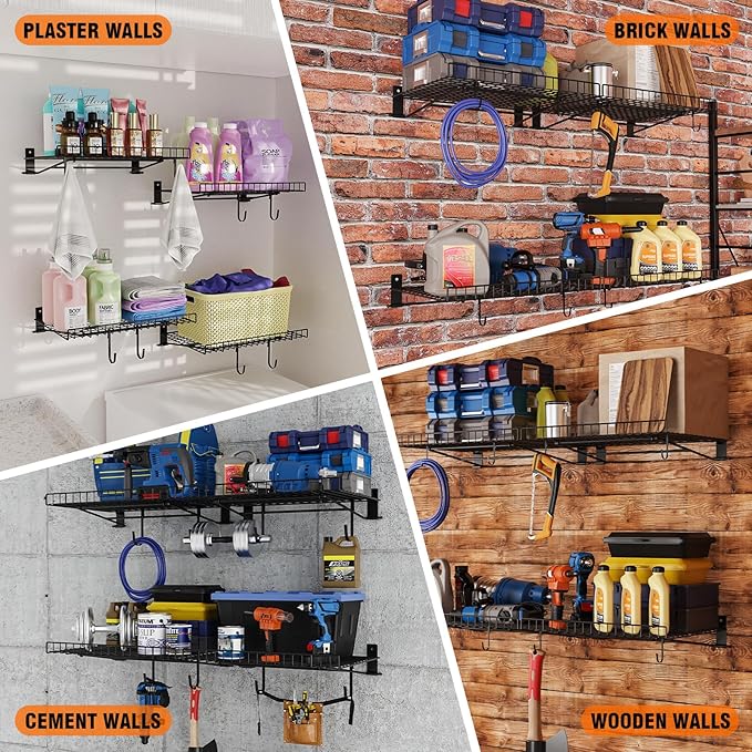 2 Pack Foldable Wall Shelf, Wall Mounted Garage Storage Shelves, Heavy Duty Wall Shelving Supports Up To 90 LBS. Floating Shelves With 4 Hooks Metal Storage Rack for Office, Kitchen and Laundry Room