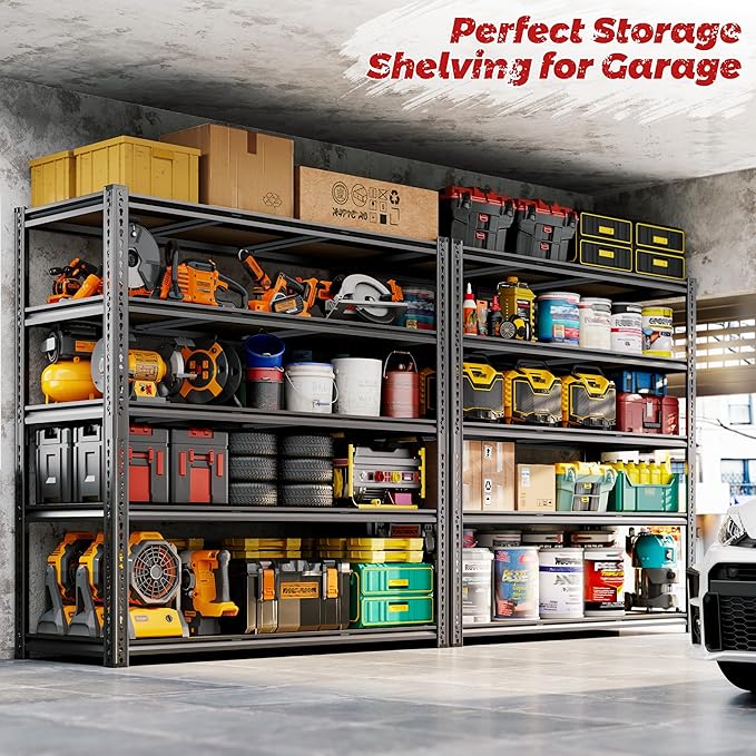 48"W Garage Shelving, 3050LBS Storage Shelves heavy duty, 5 Tier Metal Shelving Unit Adjustable Garage Shelves Heavy Duty Shelving for Warehouse,Commercial, Kitchen, 48" W × 18" D × 72" H, Black, 2PCS