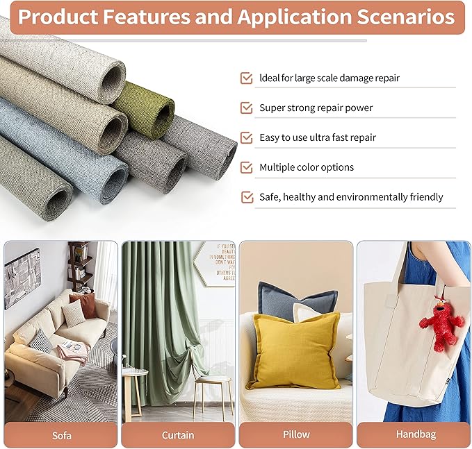 Coarse Linen Repair Patches, Self-Adhesive Linen Fabric Patches, 12X40 inch Extra Size, Multi Color, Can be Used for Linen Sofa Repair and Linen Clothes Repair(12" x 40",Light Grey)