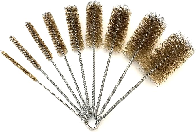 Pipe Cleaning Brush Set with Brass Bristles, 9 Piece Variety Pack for Auto Parts, Bottles,Tubes, Etc.