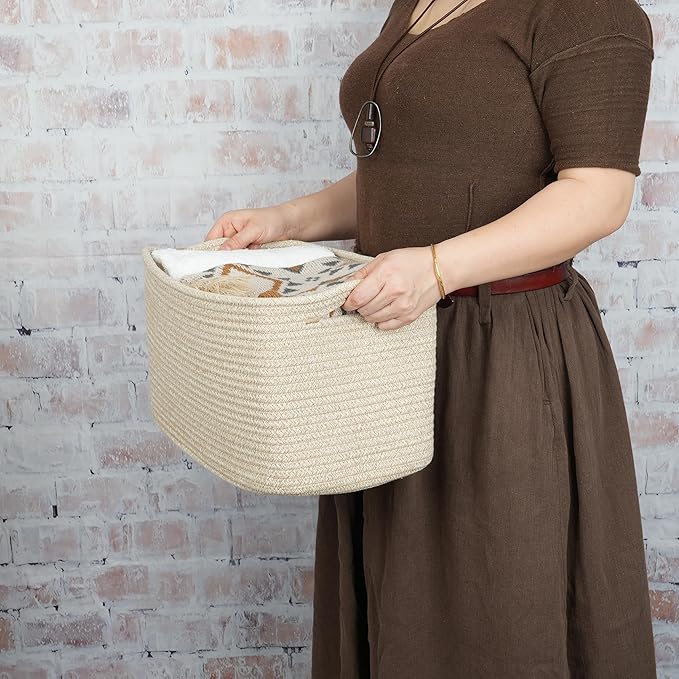 Rope storage Basket Bins Woven Basket for Organizing Shelves Rectangle Decorative Baskets For storage Clothes Toys Books Towels Square Wicker Nursery basket organizer 3 pack Oatmeal