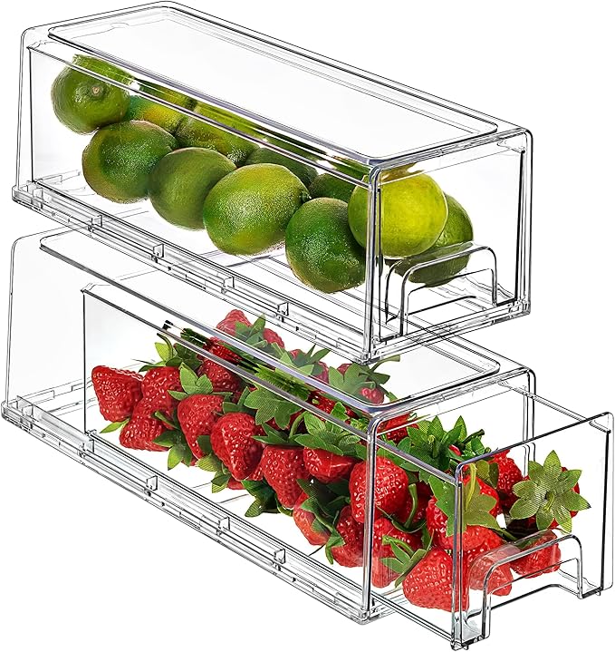 Sorbus Small Wide Clear Storage Drawers (2 Pack) – Stackable Storage Drawers for Pantry, Fridge, or Cabinet – Slide Out Clear Bins with Handles for Organizing