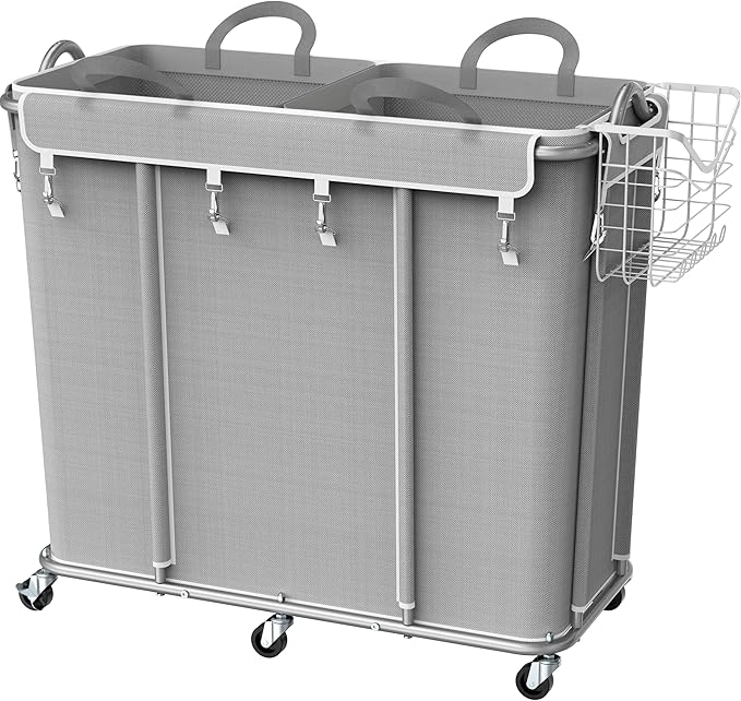 Simple Houseware Extra Large Rolling Laundry Cart – Heavy Duty Hamper with 2 Removable Bags & 6 Smooth Wheels – Commercial Laundry Organizer for Home, Hotel, Dorm, Gym, Gray